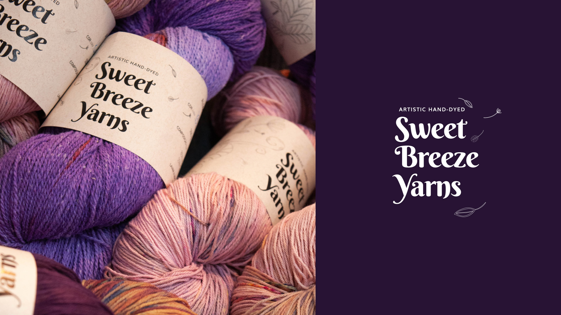 Imagem de meadas de fios para tricot com rótulo e identidade visual Sweet Breeze Yarns.