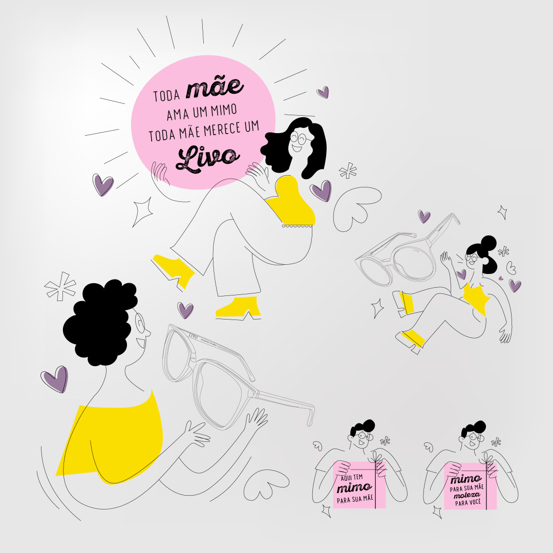 Ilustrações de personagens da Campanha de Dia das Mães LIVO. Key visual da campanha LIVO.