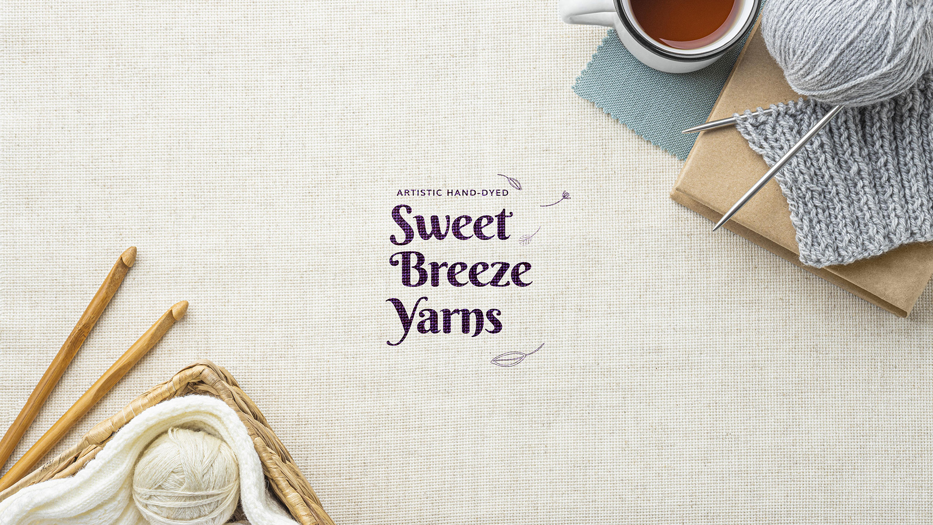 Imagem de painel mood com logotipo Sweet Breeze Yarns aplicado.