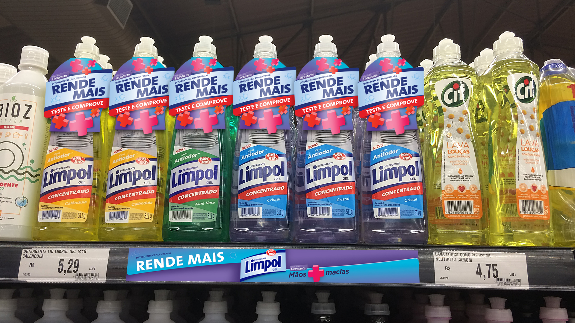 Imagem de gôondola de supermercado com produto Limpol e material para PDV Bombril.