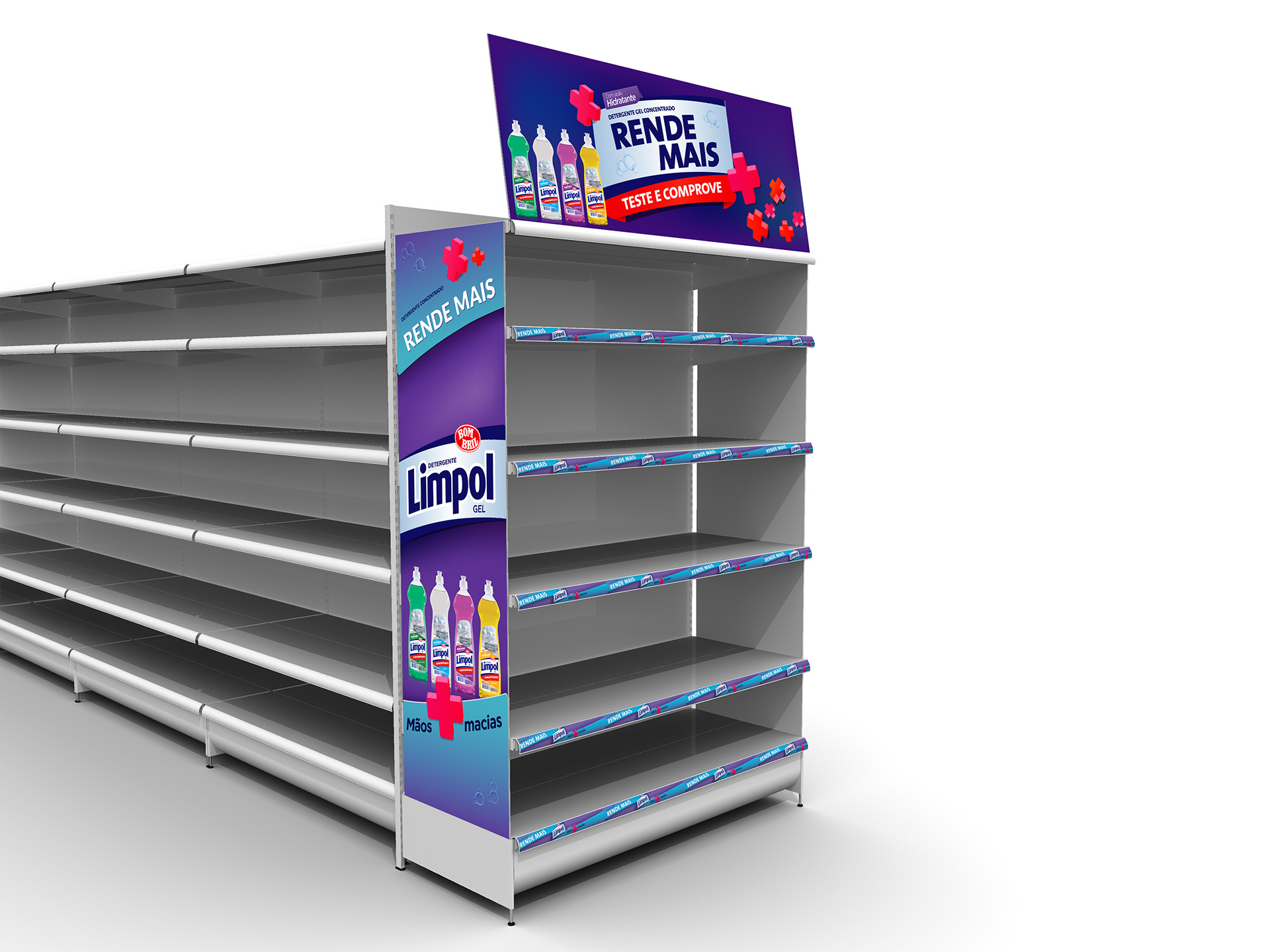 Imagem de ponta de gôndola de supermercado Limpol com material para PDV Bombril.