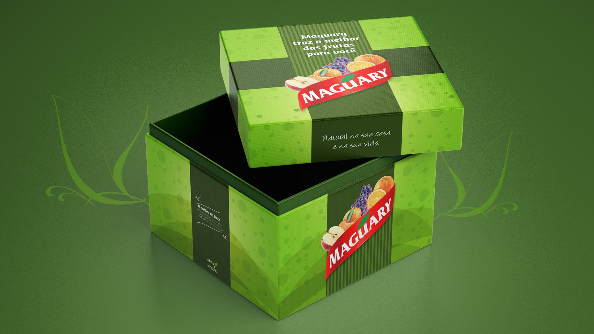 Imagem da caixa do press kit de lançamento de produtos Maguary com key visual aplicado.
