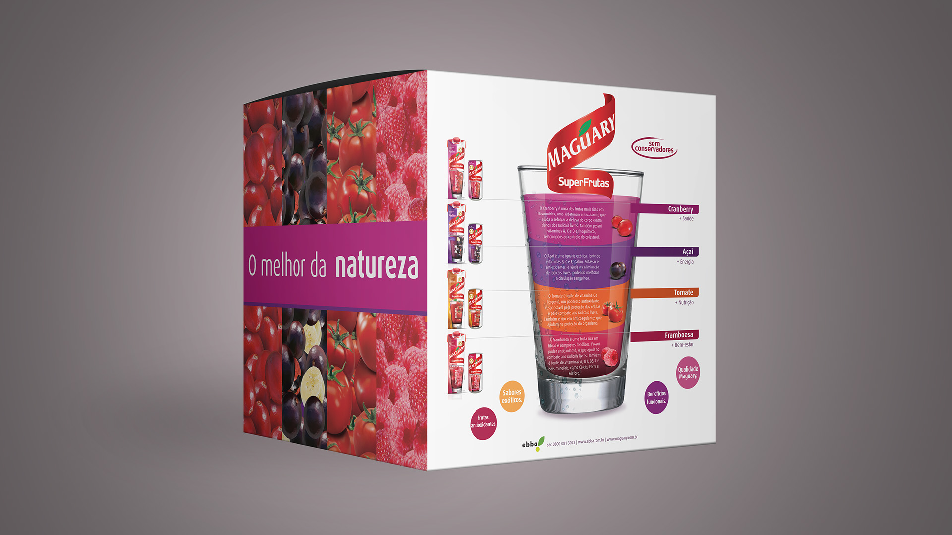 Imagem de cubo promocional com comunicação e key visual para lançamento de produtos SuperFrutas Maguary.