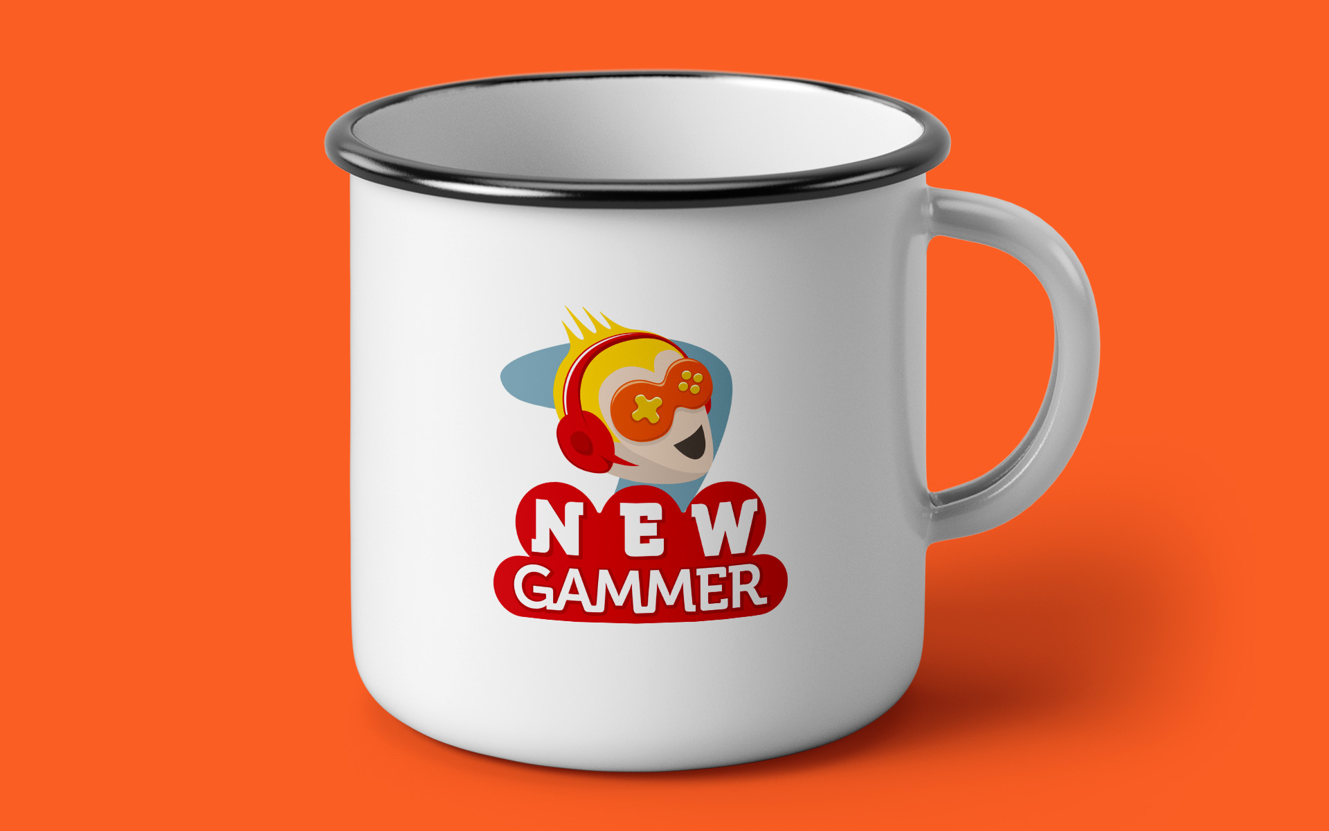 Imagem de caneca de ferro com logotipo NewGammer estampado.