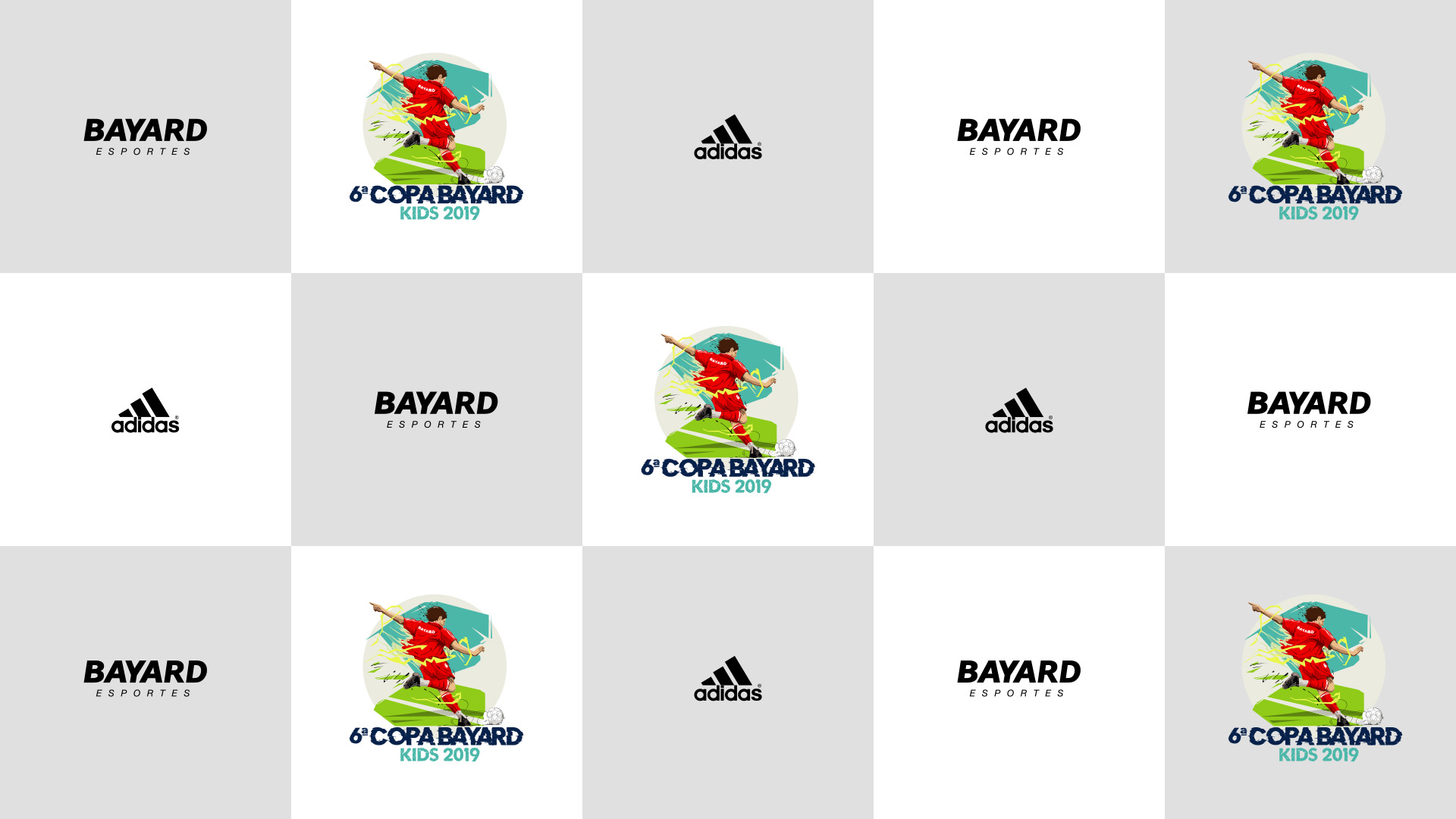 Fundo tipo pattern para locais de entrevistas com o logotipo da 6ª Copa Bayard Kids - Adidas, logotipo Adidas e Logotipo Bayard.
