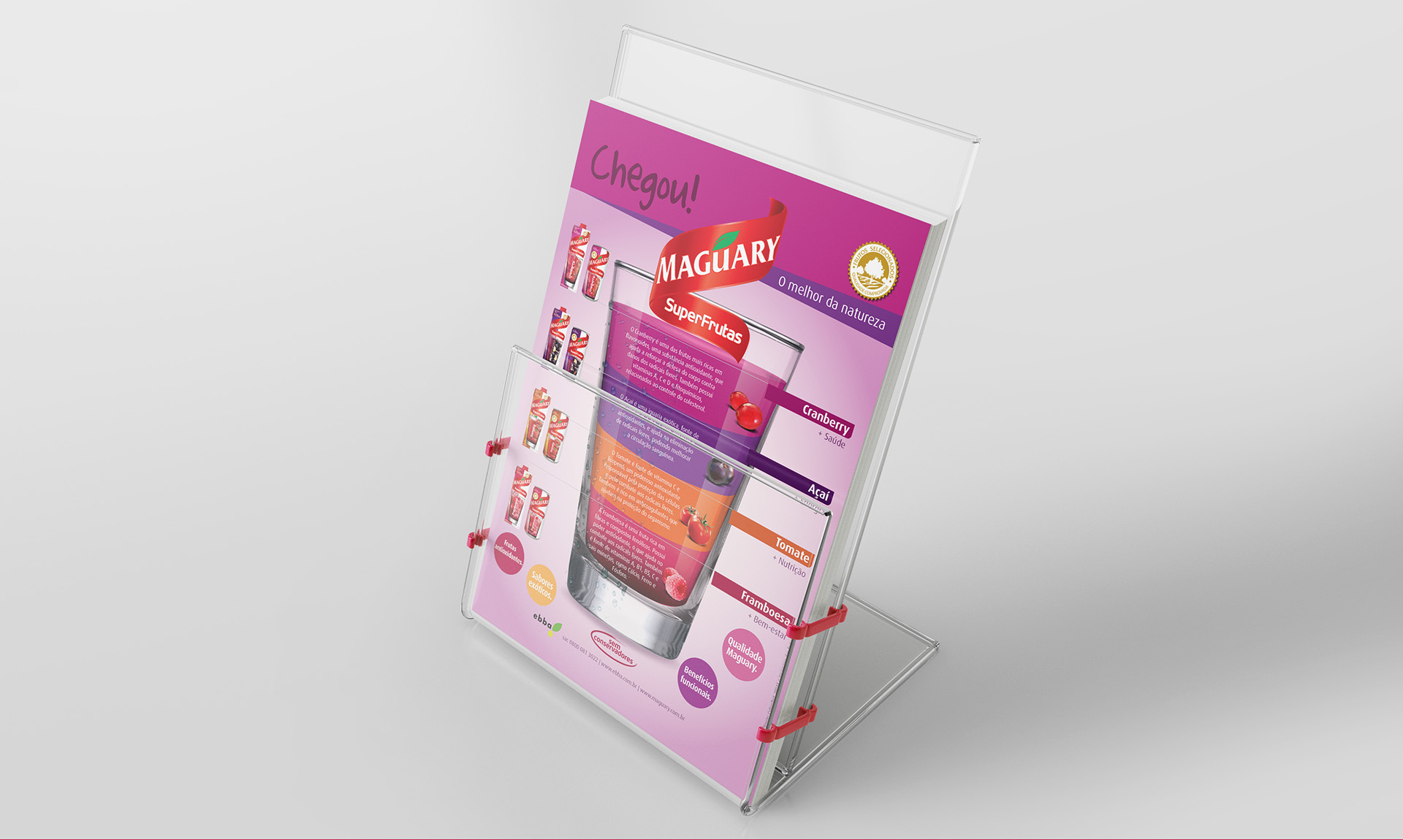 Imagem de folheto broadside com comunicação e key visual para lançamento de produtos SuperFrutas Maguary.