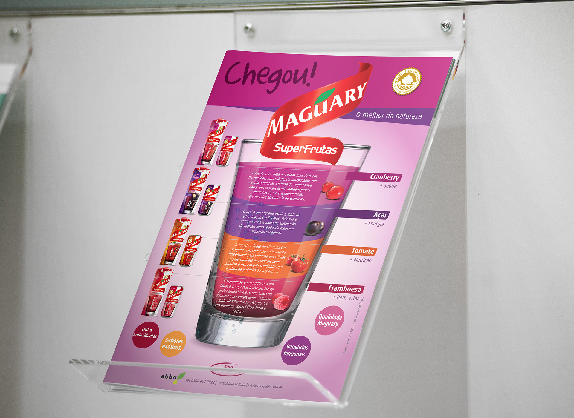 Imagem de folheto broadside com comunicação e key visual para lançamento de produtos SuperFrutas Maguary.