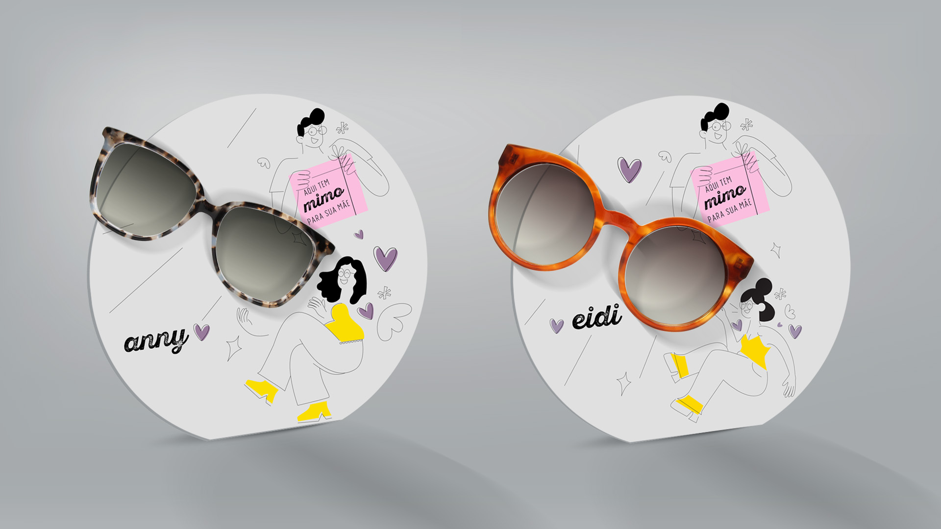 Imagem dos diplays expositores redondos para óculos LIVO Eidi e Anny, da Campanha de Dia Das Mães LIVO.