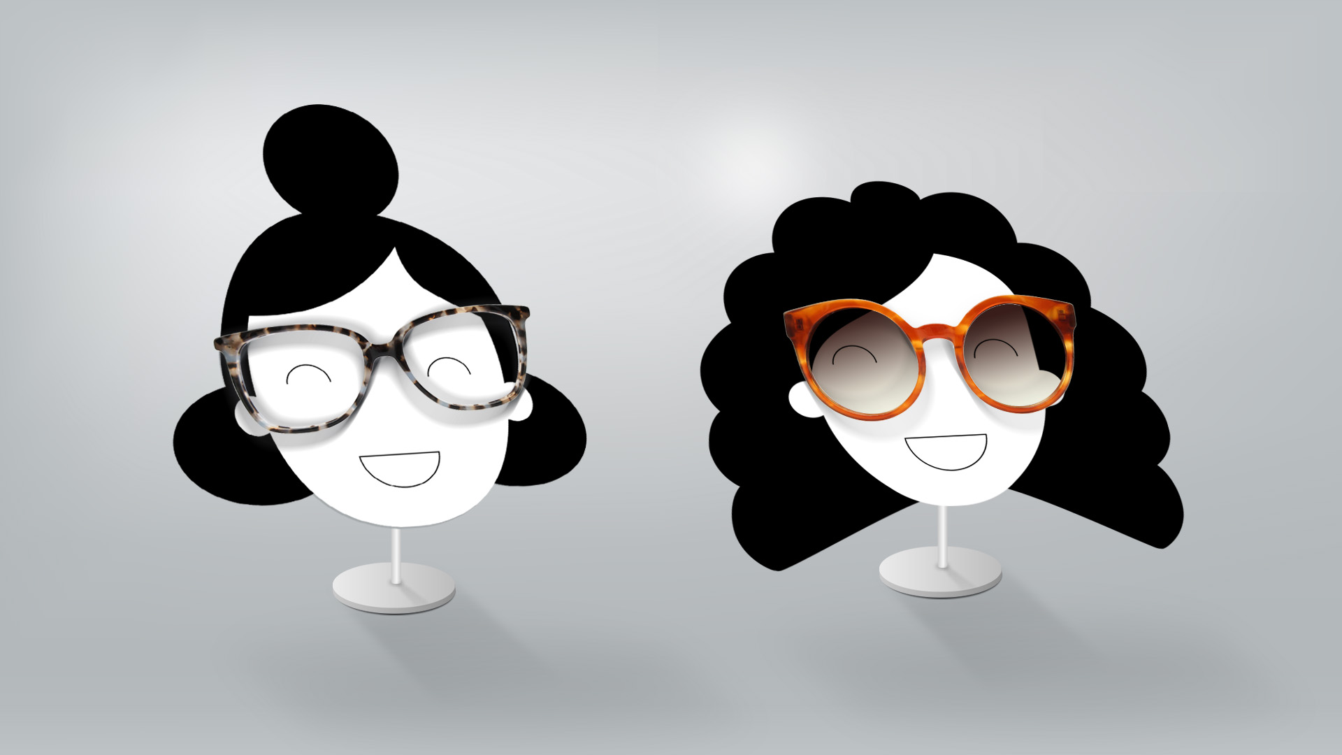 Imagem dos diplays expositores com formato de rosto das personagens da Campanha de Dia Das Mães LIVO, para óculos LIVO Eidi e Anny.