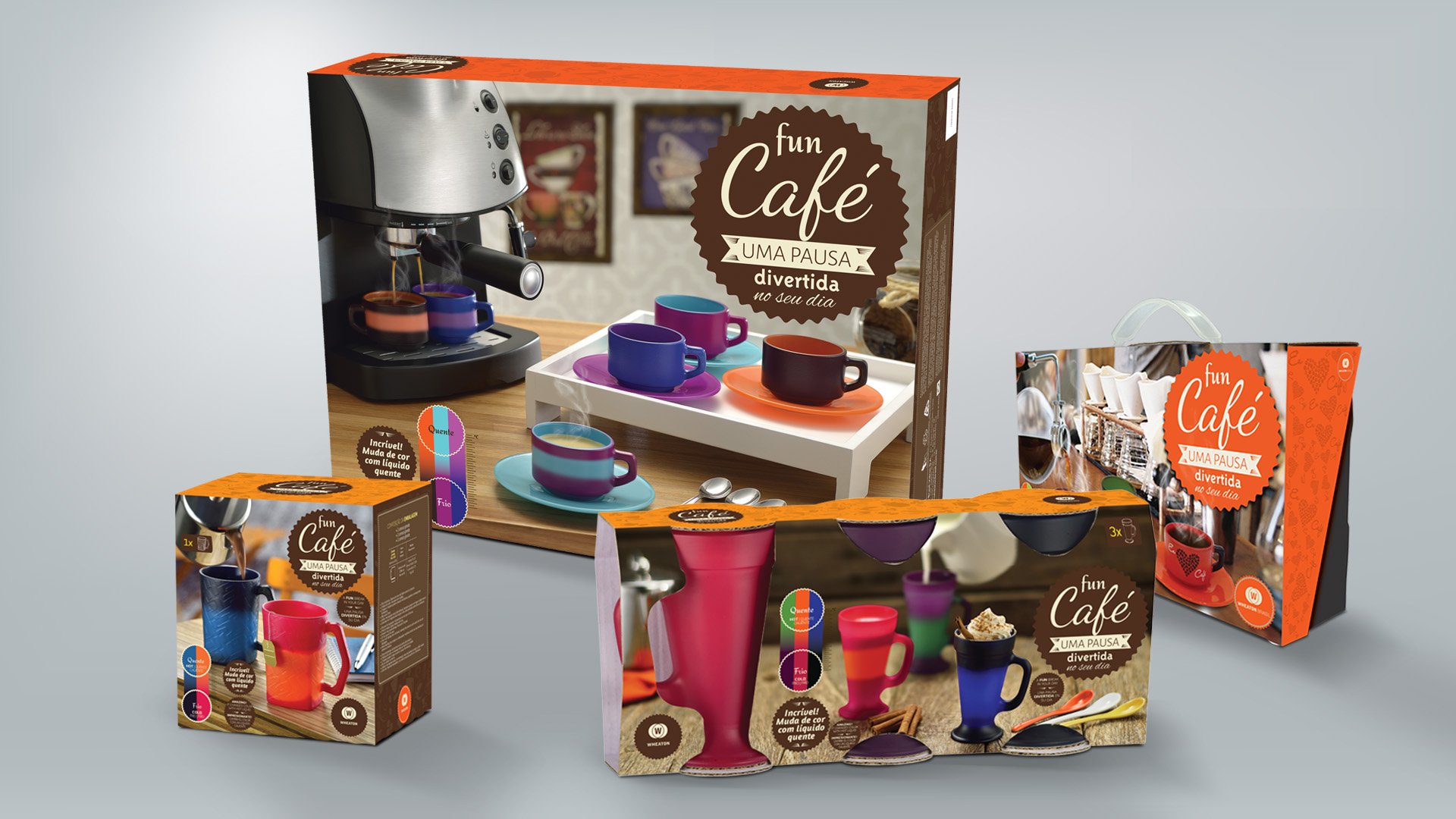 Imagem das embalagens Fun Café Wheaton: estojo de xícaras para café, caixa com caneca para chá e água e luva com taças para cappuccino.