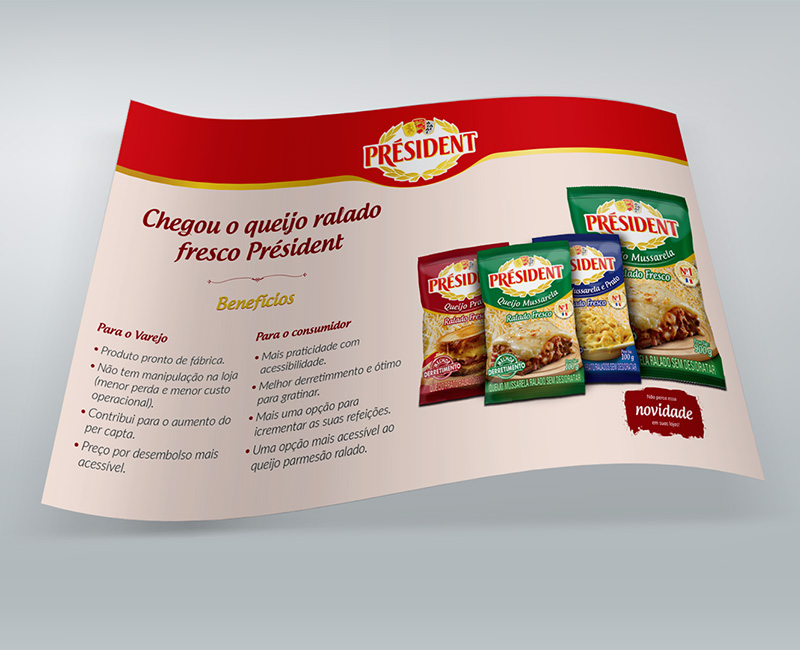 Imagem de lâmina com benefícios do produto impressa em papel vegetal do sales kit de lançamento de produto Président Lactalis.