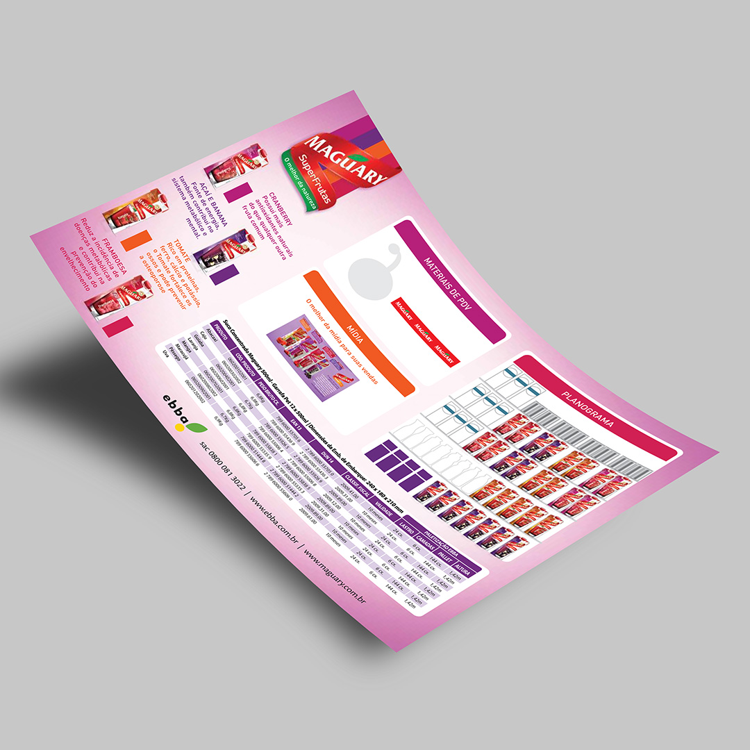 Imagem de lâmina de produto comercial de apoio às vendas com comunicação de lançamento de produtos SuperFrutas Maguary.