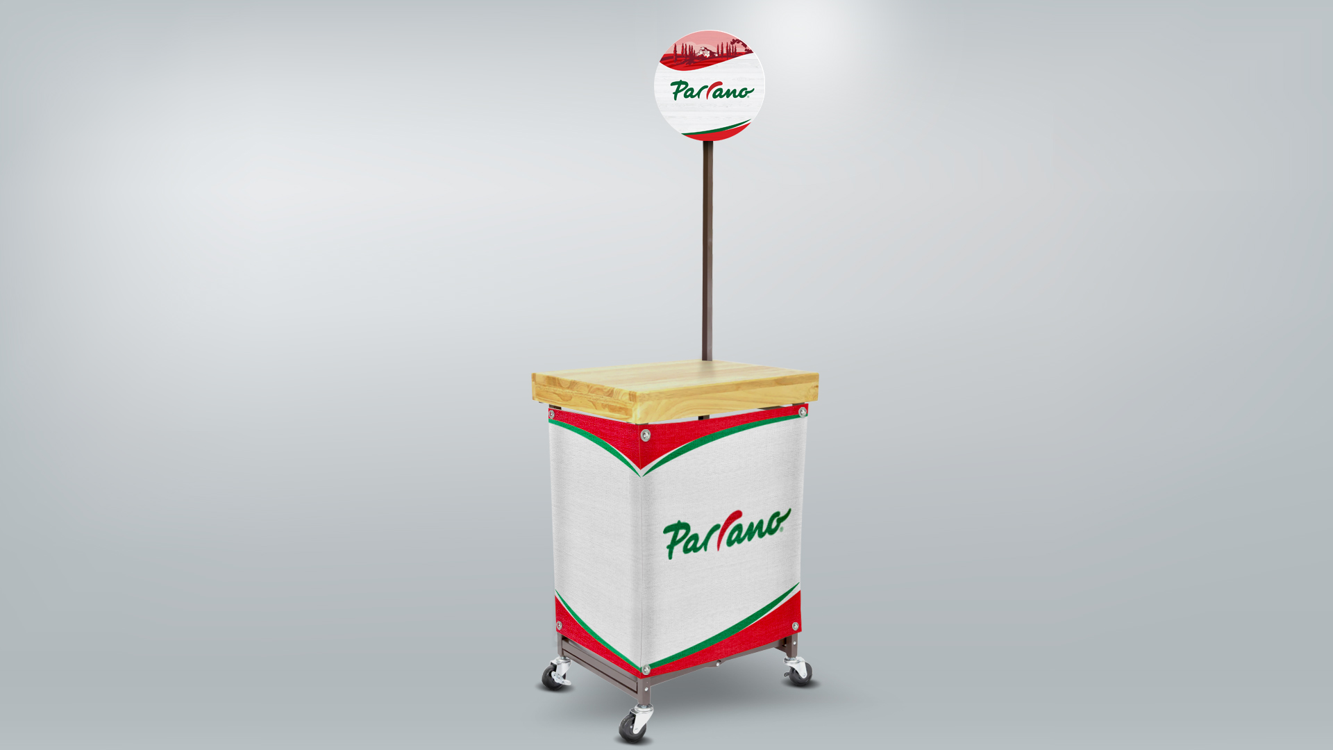Imagem de carrinho balcão de degustação da marca Parrano desenvolvido pelo Estúdio E | Agência de Comunicação