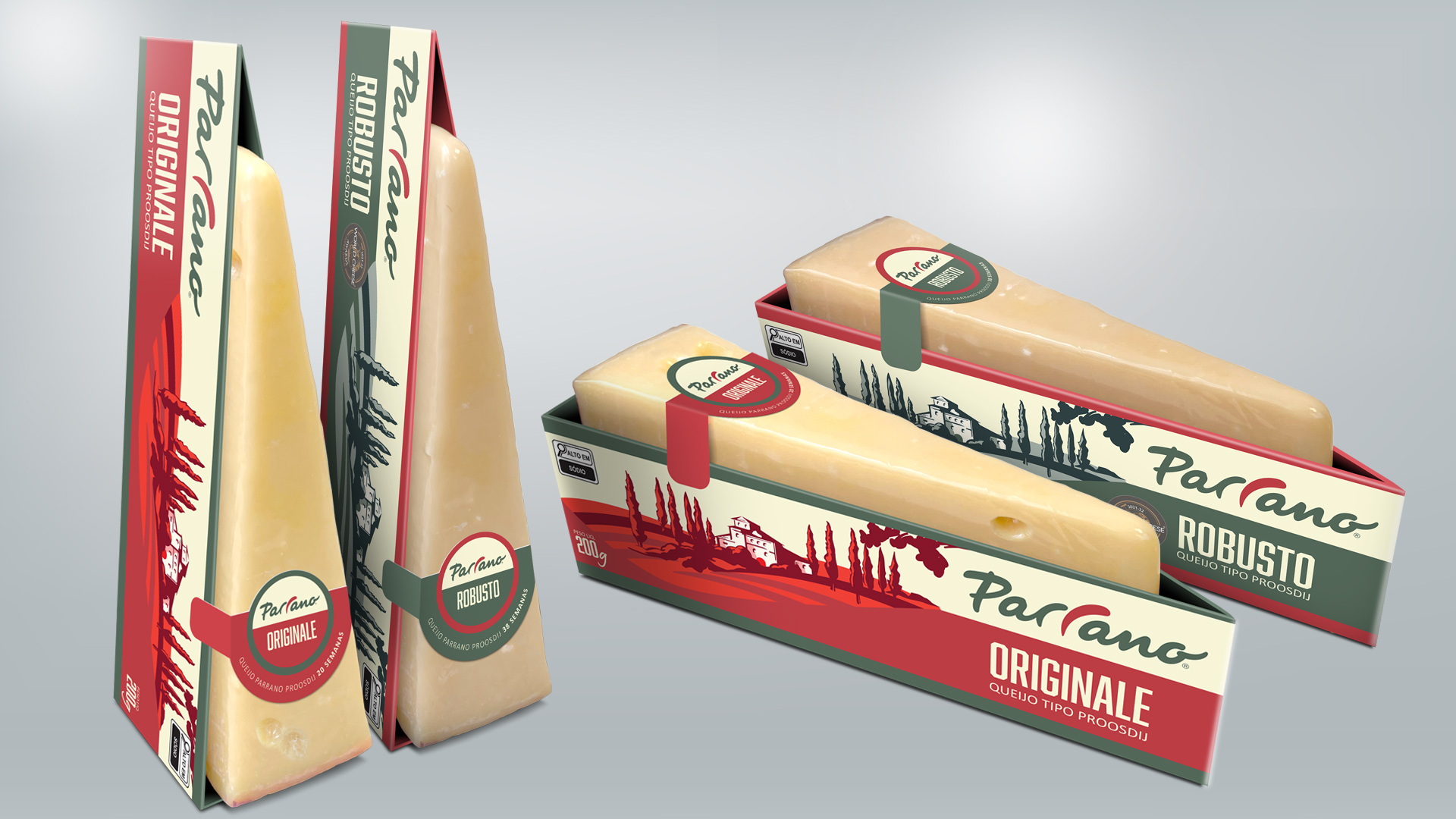 Imagem das embalagens dos queijos da marca Parrano desenvolvidas pelo Estúdio E | Agência de Comunicação