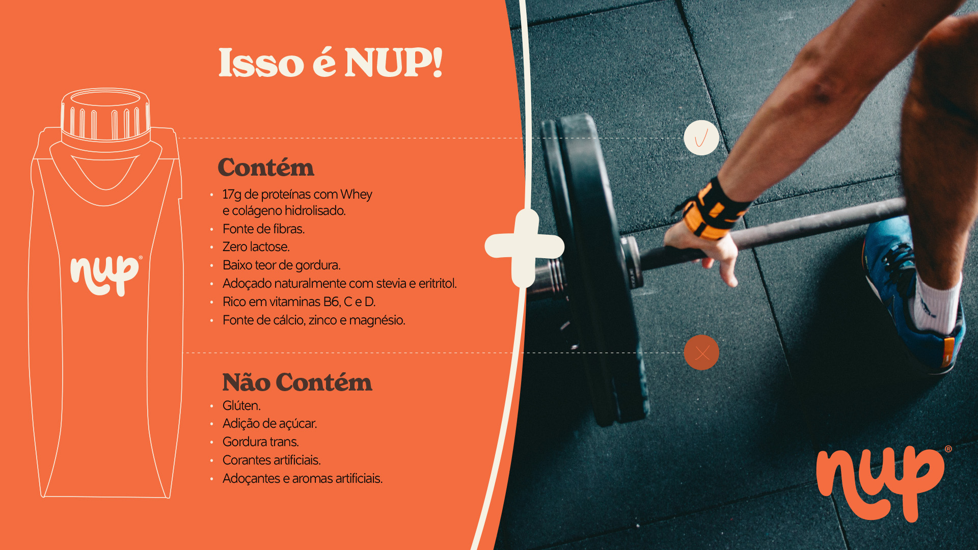 Imagem de atleta levantando peso e comunicação com principais atributos do produto NUP.