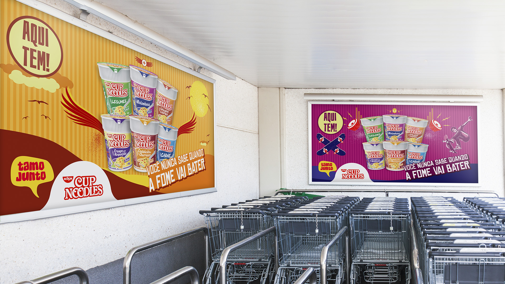 Imagem de painéis de supermercado com comunicação Cup Noodles Nissin.