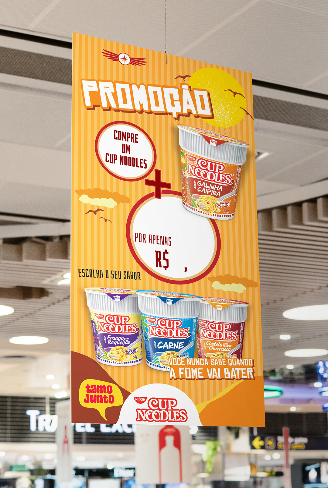 Imagem de poster promocional de supermercado com comunicação Cup Noodles Nissin.