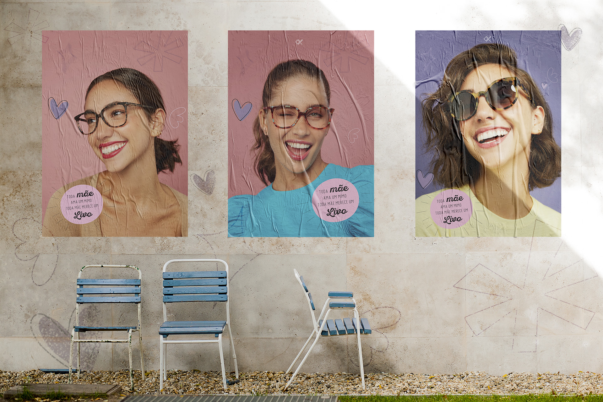 Posteres da Campanha de Dia das Mães LIVO. Três mulheres usando óculos Livo.