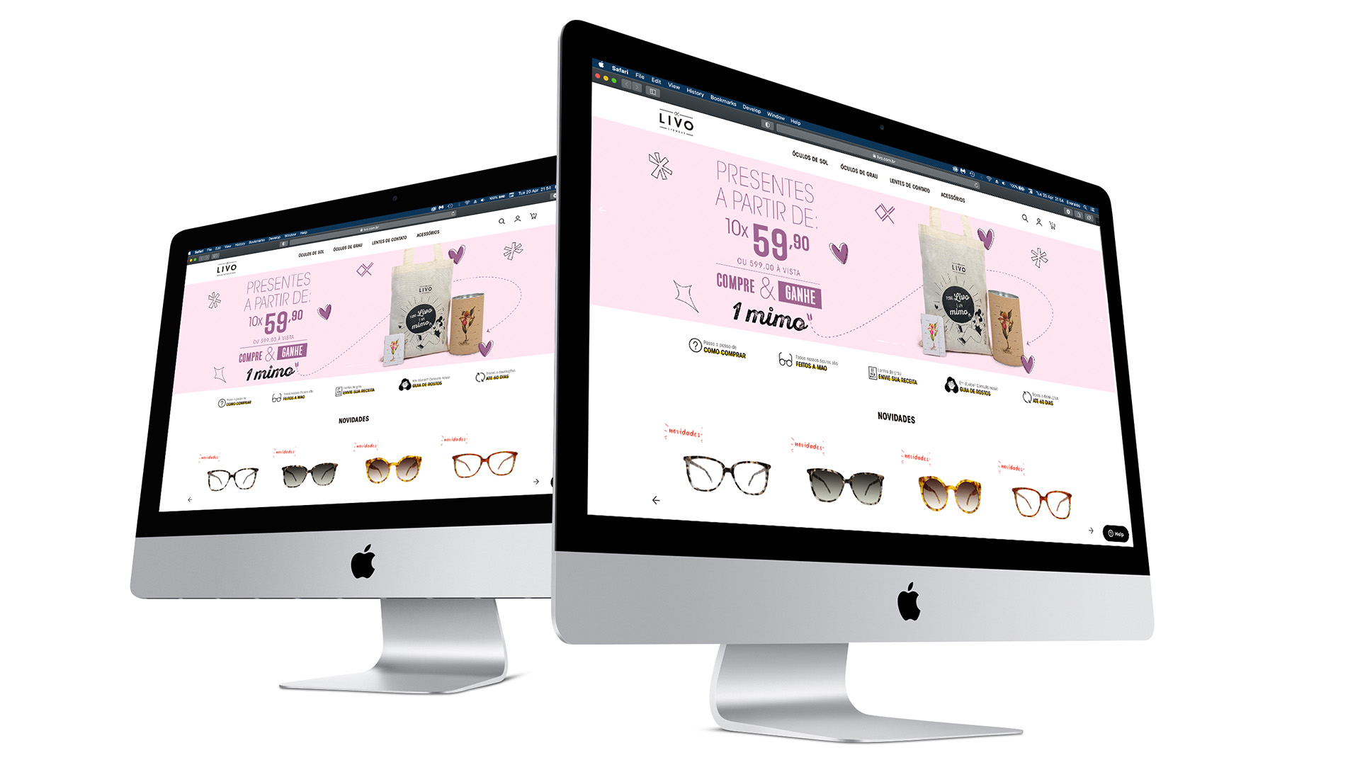 Imagem de computador Apple com o site da LIVO expondo o banner de abertura do site com a Campanha de Dia Das Mães LIVO.